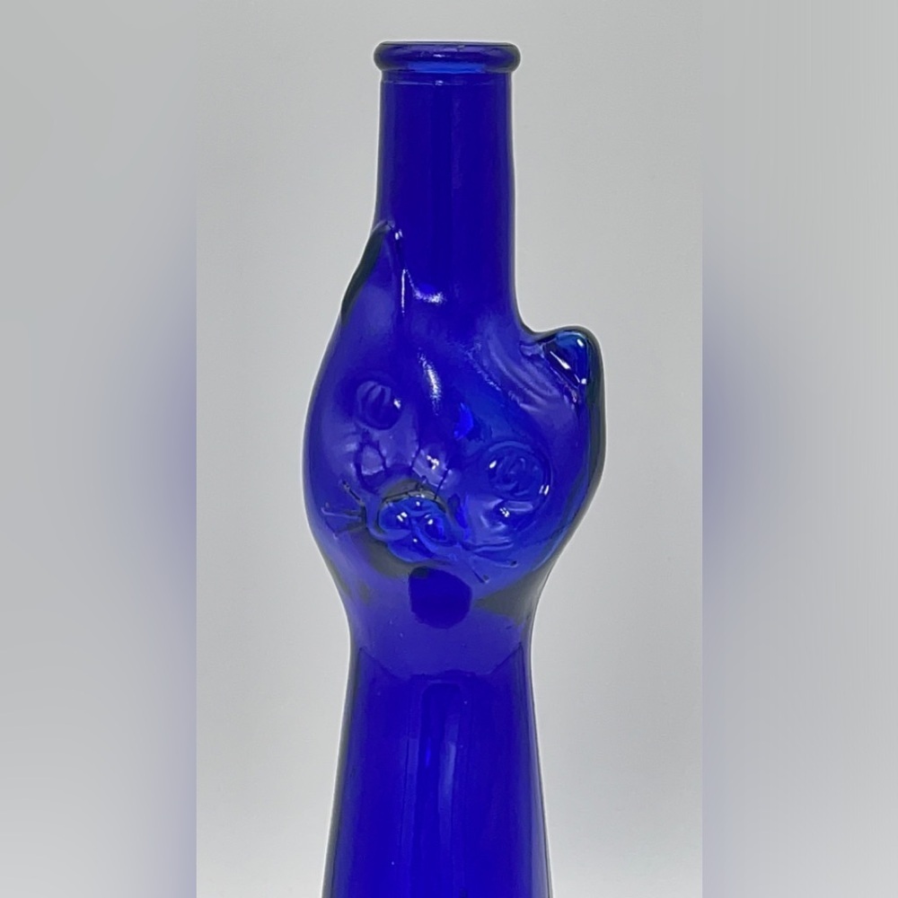 Vintage 1997’ Cobalt Blue Glass Happy Cat Bottle - Riesling Wine Decanter